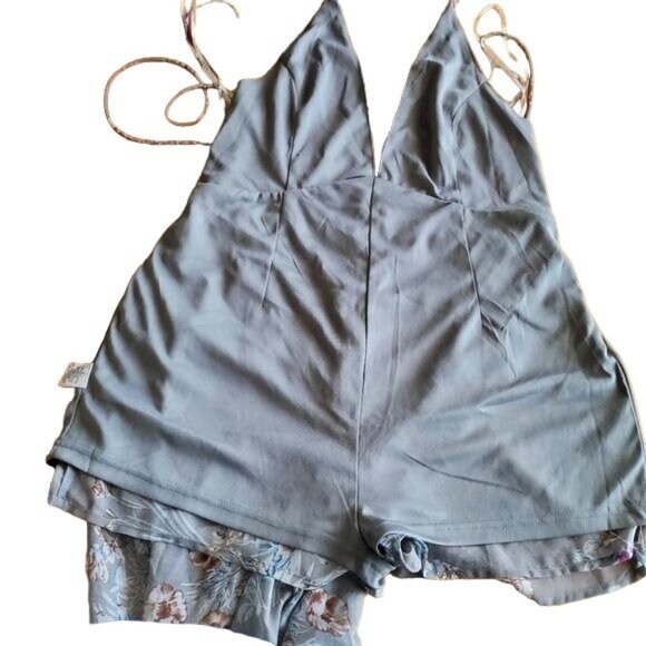 essue Floral Print Gray Maxi Romper Dress With Sheer Overlay Halter Neck Size L - Picture 15 of 16